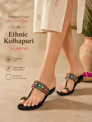 Beaded Kolhapuri Chappal — Black Cork — Sandals