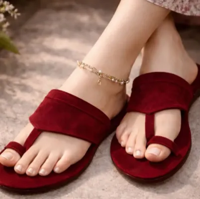 Velvet Kolhapuri Chappal — Maroon — Sandals