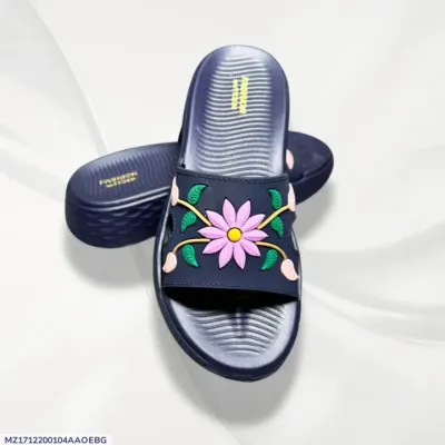 Floral Embroidered Slides — Navy Blue — Flats