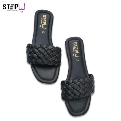 Woven Braid Slides — Black — Flats