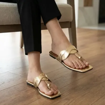 Cross Toe Loop Flat Sandals — Golden — Sandals