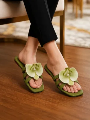Floral Olive Slip-On Sandals — Green — Sandals