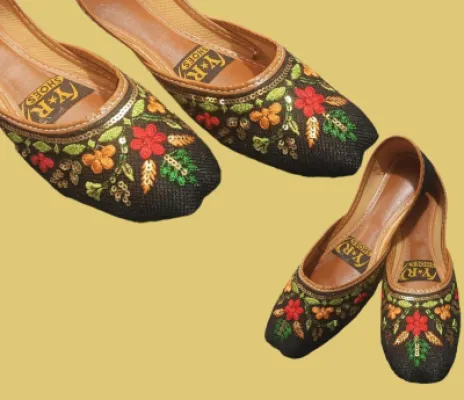 Black Khussa — Red and Green Floral Embroidery — Khussa